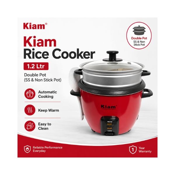 Kiam Rice Cooker Full Body 1.2 Ltr - Double pot (SS & Non Stick Pot)