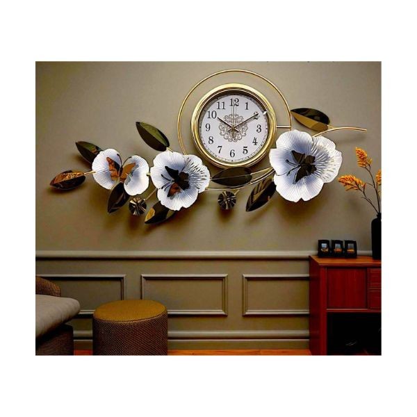 Golden Leaves & Flowers Wall Clock with Butterfly Accents