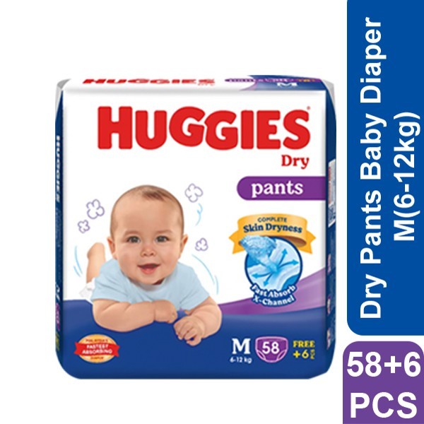 Huggies Dry Pants Baby Diaper M (6-12kg) 58+6 pcs
